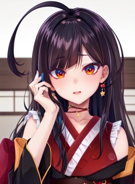 best quality, (masterpiece),(ultra-detailed), (high quality), (high resolution),     <lora:KotoriHikari-10:0.7>,kotorihikari, long hair, choker, kimono, japanese clothes, ahoge, multicolored hair, bangs