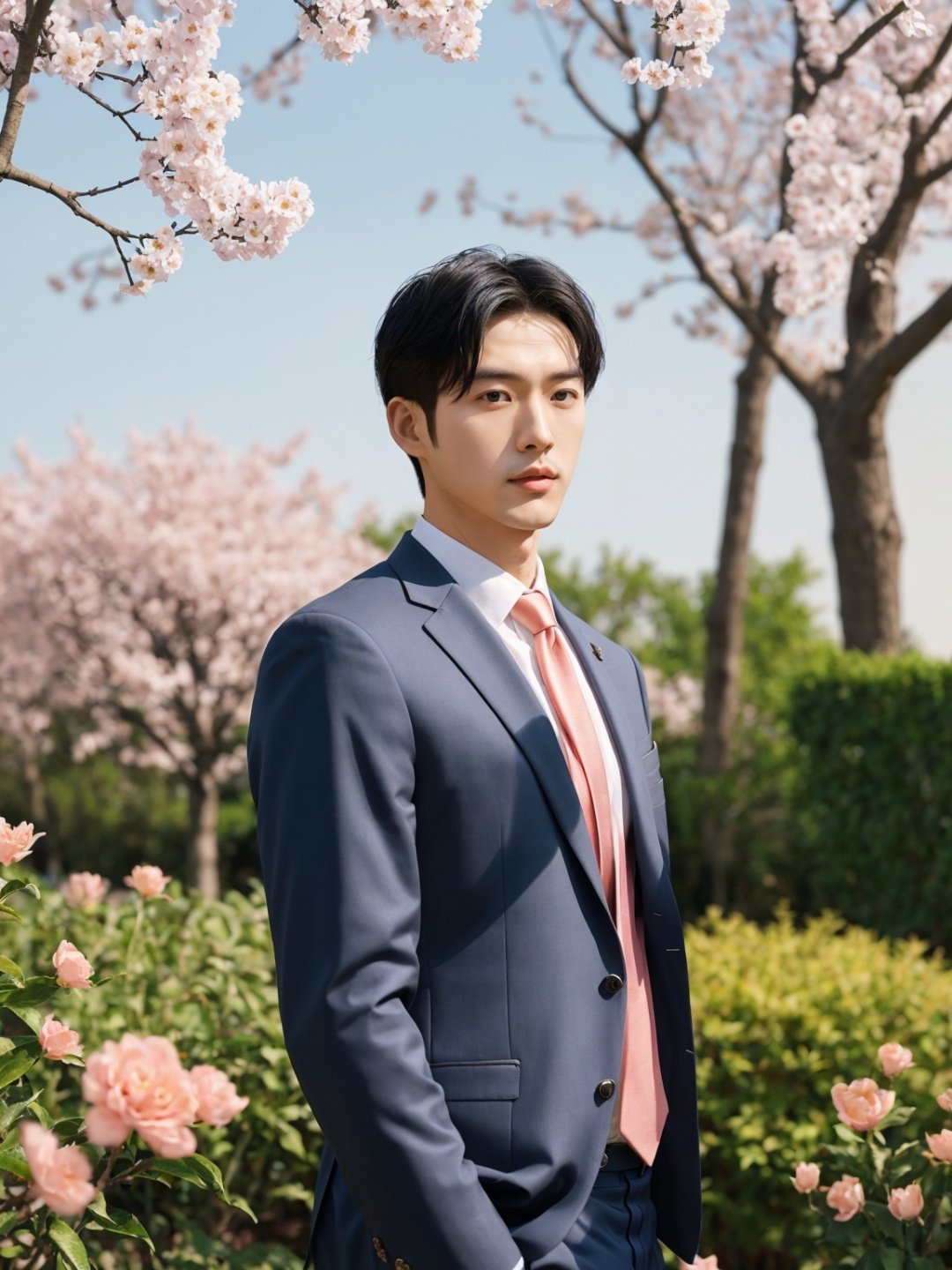 masterpiece, 1 Man, 28 years old, mature, Handsome, Look at me, Short hair, Black hair, Business suit, Tie, Outdoor, Garden, Peach tree, Flying petals, textured skin, super detail, best quality