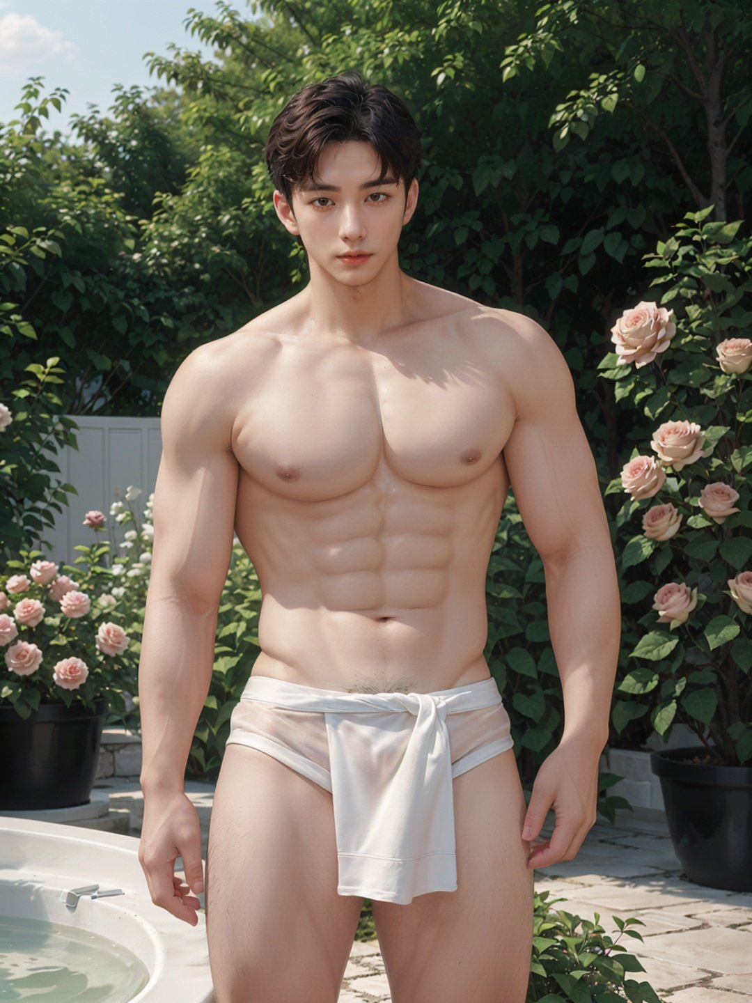  masterpiece,1 male,Look at me,Topless,Short hair,Greek dress,Shrine,Fairy tales,Outdoor,Rose garden,Poseidon,textured skin,super detail,best quality,Bath towel, Wrap around your legs,Fantastic garden,Fountain,(A man of forty years old:1.5)