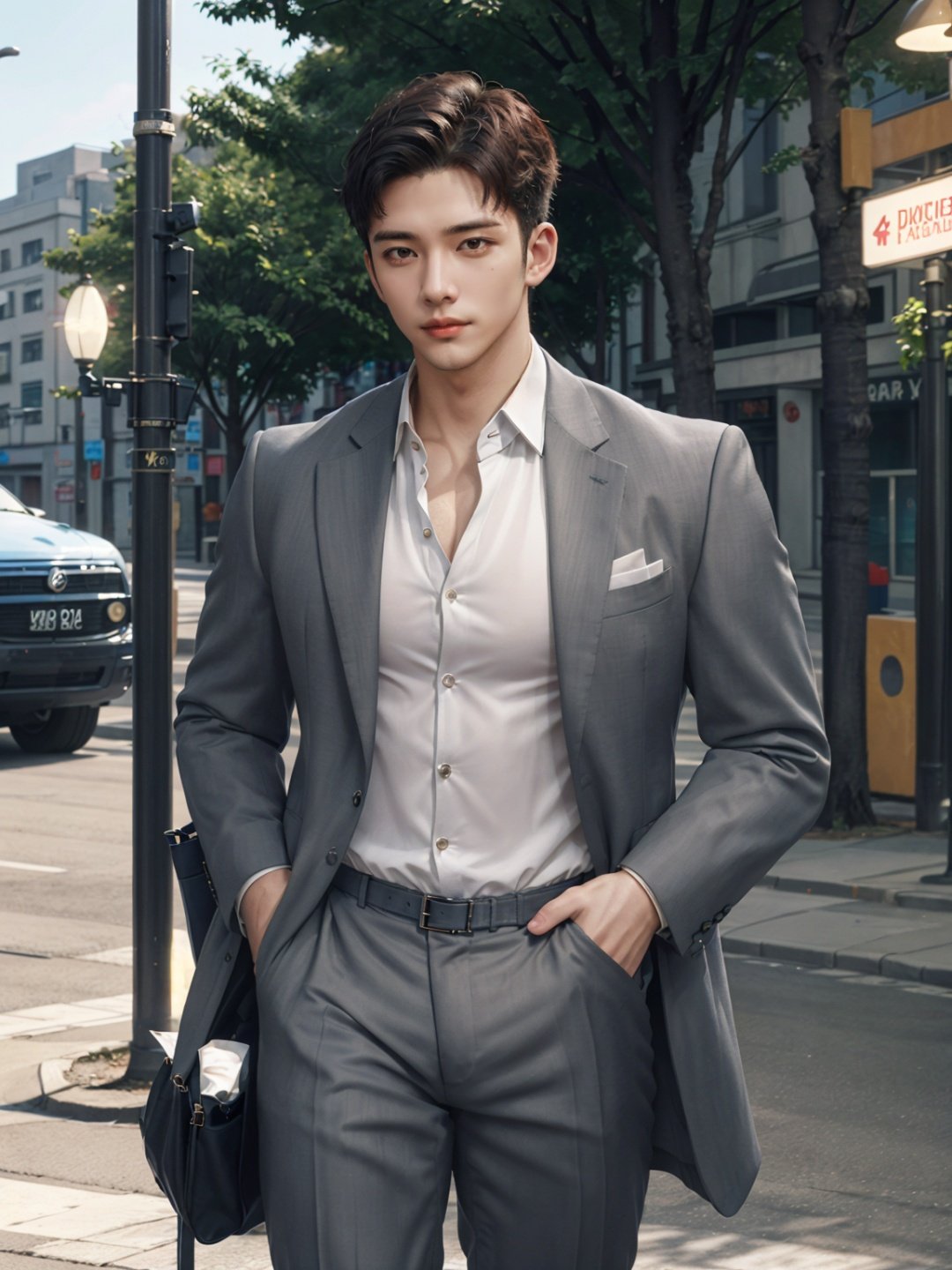  Men, On the street, Handsome, Oouguancong, Men, On the street, Handsome, (Long trench coat: 1.2), Evening, Tyndall effect, Retro, Looking at you, Muscle, Upper body, Leaning against a street lamp, High skin texture, (Long hair: 1.2),Upper body close-up,Exquisite features, A small nose