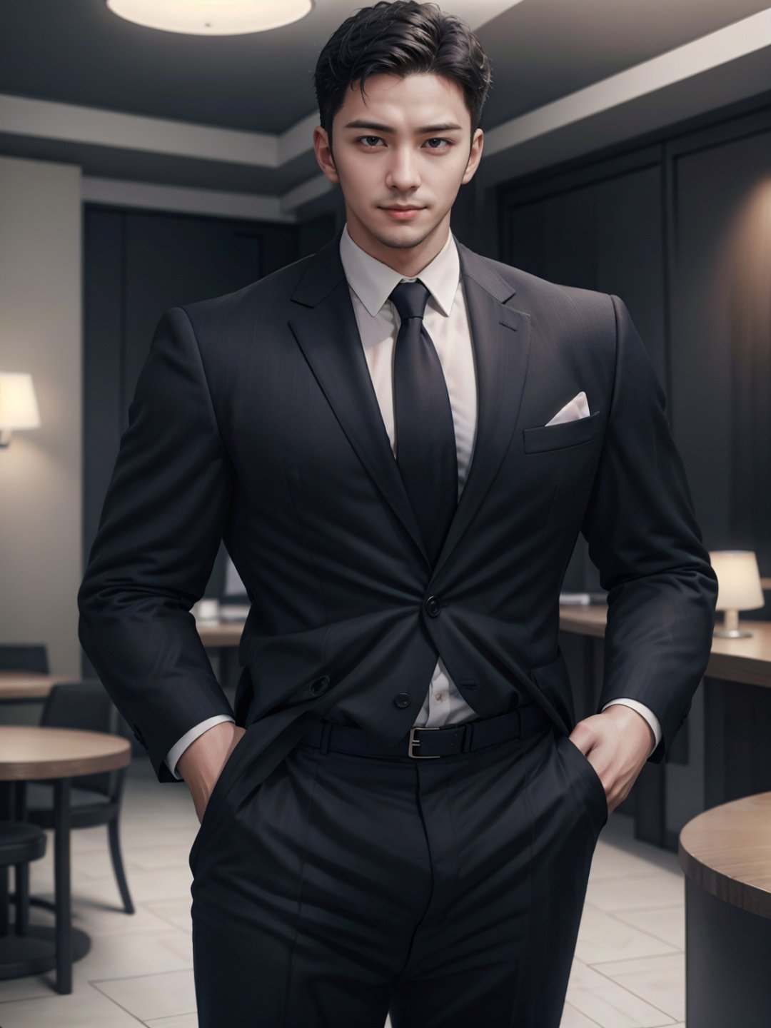 1 male, Handsome, Smile slightly,A handsome face, A tall figure, Muscle, naked, Suit, Belt, depth of field, cinematic lighting, Surrealism, ccurate, UHD, anatomically correct, textured skin, high details, super detail, award winning, best quality, high quality, 1080P, 8k