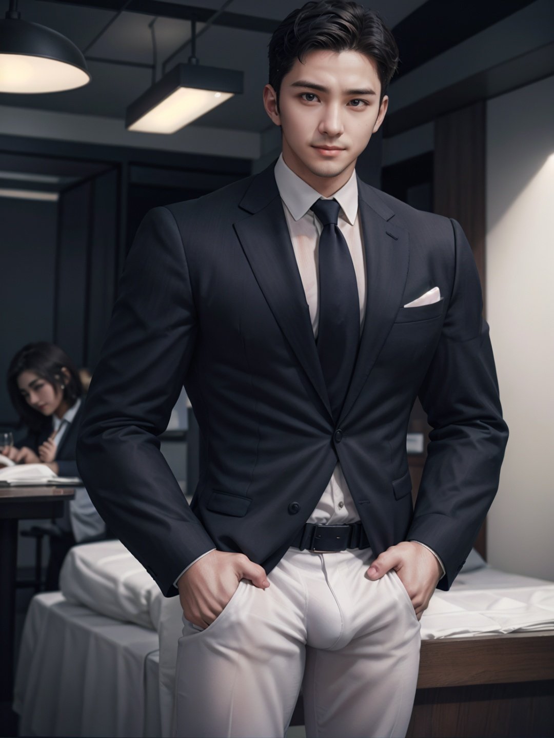  1 male, Handsome, Smile slightly,A handsome face, A tall figure, Muscle, naked, Suit, Belt, depth of field, cinematic lighting, Surrealism, ccurate, UHD, anatomically correct, textured skin, high details, super detail, award winning, best quality, high quality, 1080P, 8k