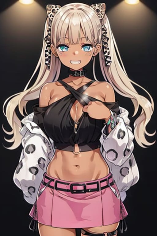 todoroki,twintails,
fur hair tie,1girl, pink skirt, thighhighs,breasts, thigh strap, long hair, looking at viewer, navel, blue eyes, leopard print, choker,black crop top,bangs, midriff, animal print, belt, bare shoulders,halterneck, collar, black choker, off shoulder,grin