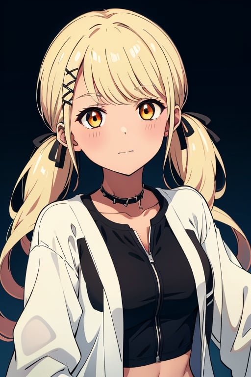 kaminari_qpi,blonde hair, low twintails, pigtails, dark skin, orange eyes,black belt,black shorts,black pants,white jacket,openopen jacket,x-shaped hair ornament,spike collar,diagonally parted bangstied hair