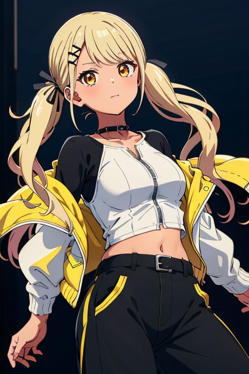 kaminari_qpi,blonde hair, low twintails, pigtails, dark skin, orange eyes,black belt,black shorts,black pants,white jacket,openopen jacket,x-shaped hair ornament,spike collar,diagonally parted bangstied hair