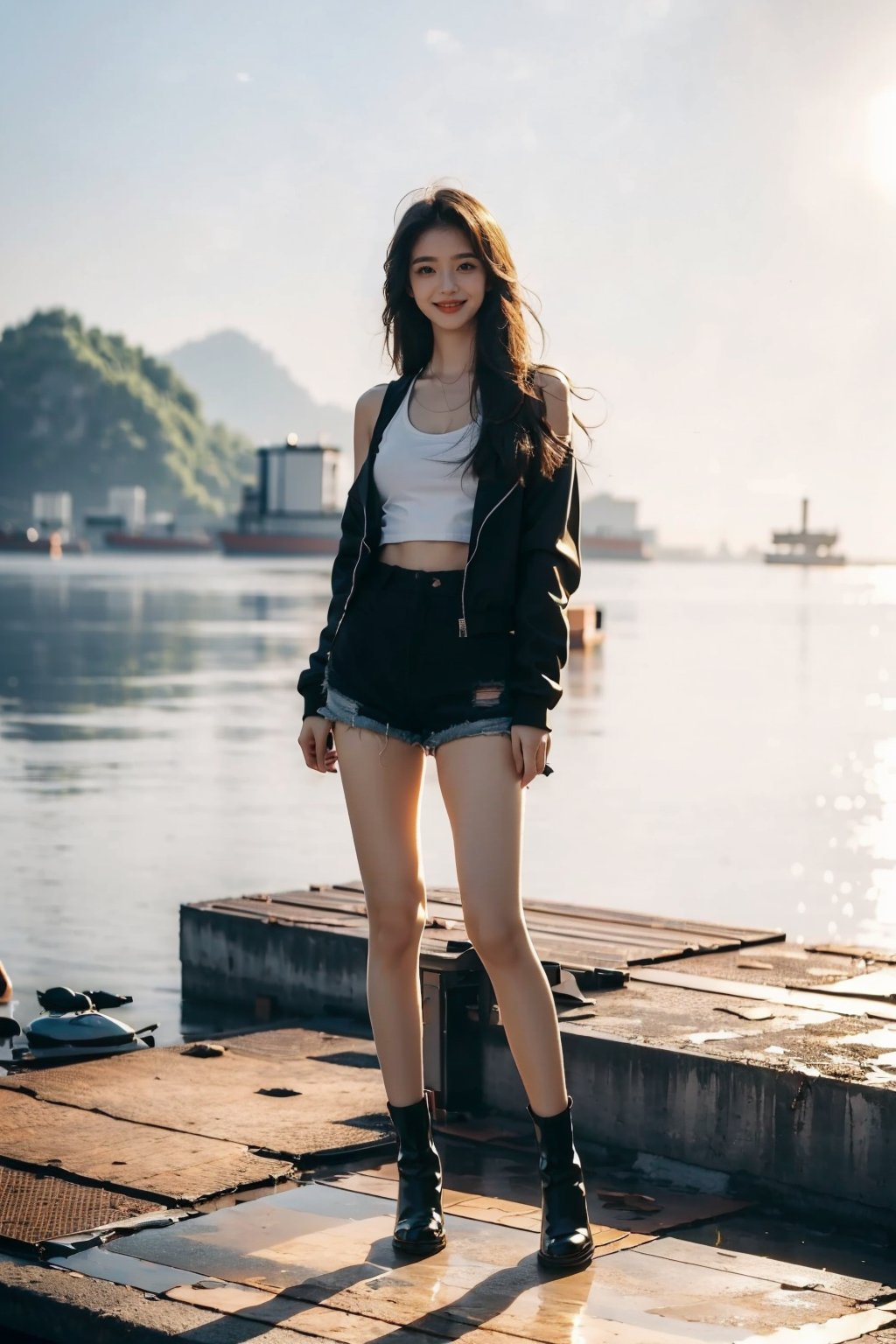 (masterpiece, top quality, best quality,1girls,Korean, beautiful face, smile, long hair, 19 years old, tank top, jacket, shorts, boots, hills, full body view, sunset,flash