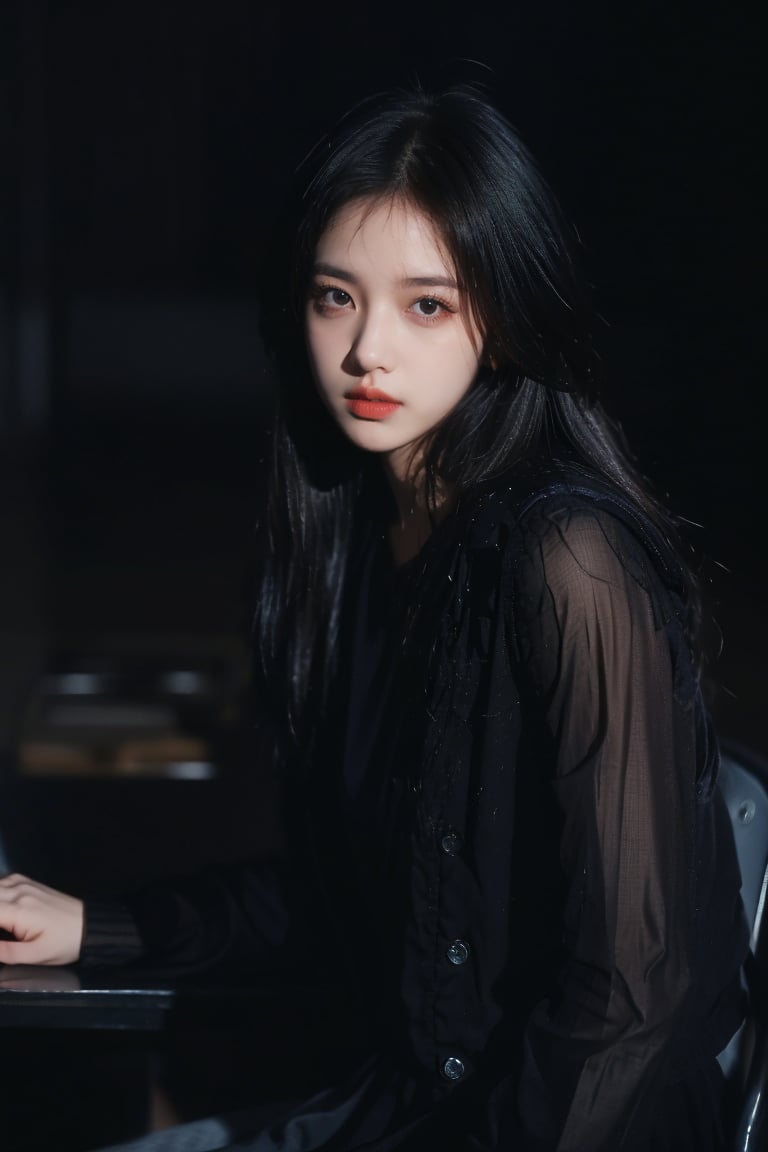 a young woman,looking at the camera,posing,ulzzang,naver fanpop,ffffound,streaming on twitch,character album cover,blues moment,style of Alessio Albi,daily wear,moody lighting,appropriate comparison of cold and warm,reality,