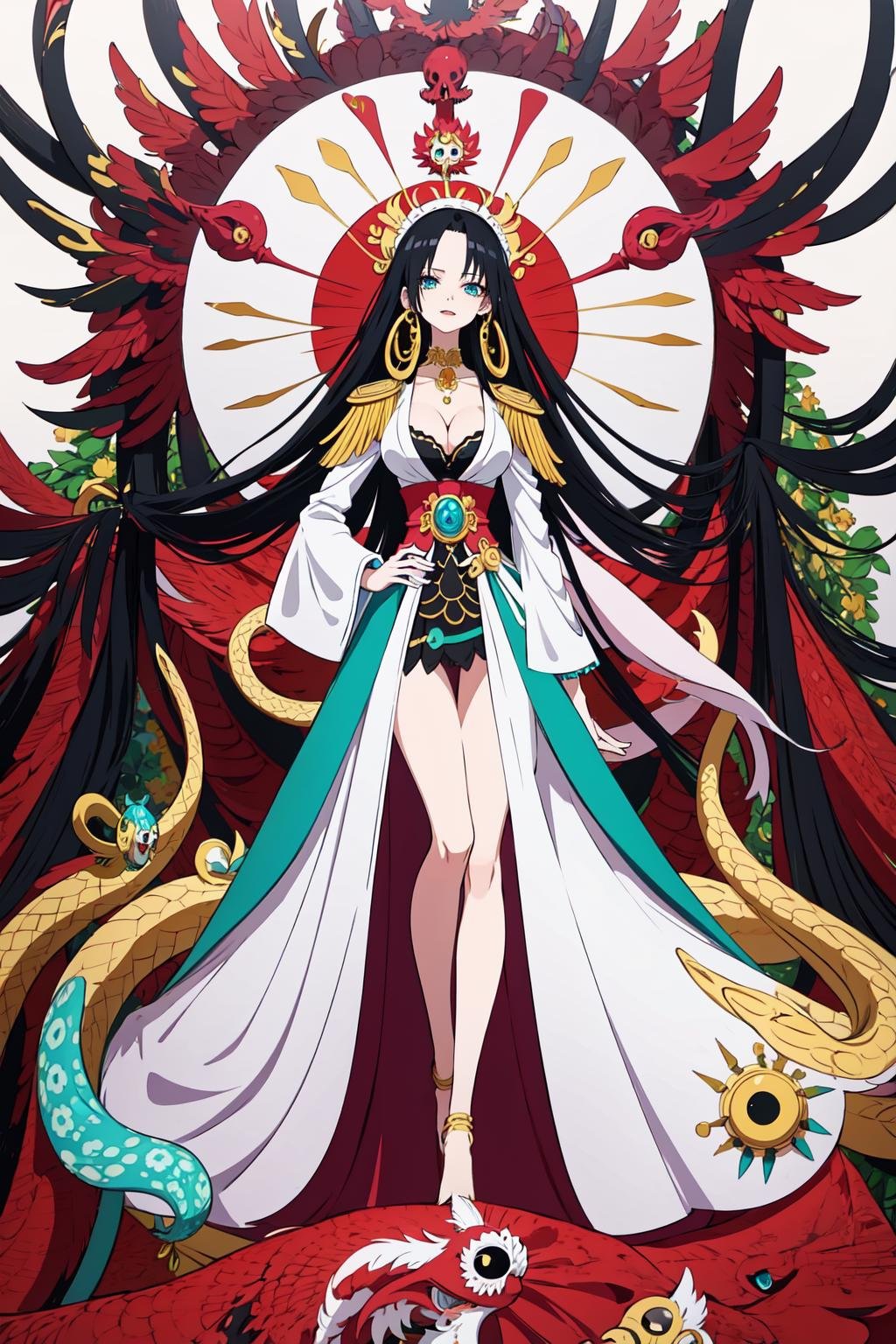 boa, hatsune miku, 1girl, long hair, looking at viewer, large breasts, black hair, dress, cleavage, jewelry, standing, earrings, cape, hand on hip, epaulettes, skull, snake, masterpiece, royal background <lora:boa:1>