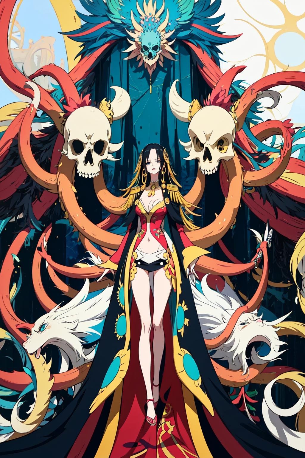 boa, hatsune miku, 1girl, long hair, looking at viewer, large breasts, black hair, dress, cleavage, jewelry, standing, earrings, cape, hand on hip, epaulettes, skull, snake, masterpiece, royal background <lora:boa:1>