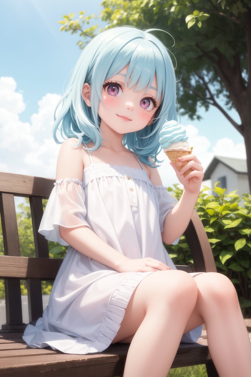 masterpiece, best quality, 1girl, light blue hair, wavy hair, smile, pink eyes, looking at viewer, casual dress, sitting, outdoors, holding ice cream cone