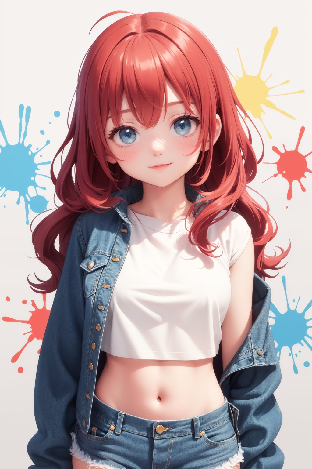 masterpiece, best quality, 1girl, long wavy hair, red hair, blue eyes, crop top, denim open jacket, light smile, looking at viewer, paint splatter background, denim shorts, upper body, closed mouth