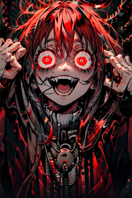 Yandere, psychedelic,  1girl, solo, long hair, looking at viewer, smile, open mouth, bangs, black hair, red eyes, upper body, teeth, sharp teeth, monster, wide-eyed, ringed eyes, red theme, extra eyes, crazy eyes, horror (theme), eye focus, original_character
