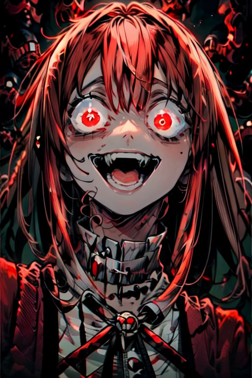 Yandere, 1girl, solo, long hair, looking at viewer, smile, open mouth, bangs, black hair, red eyes, upper body, teeth, sharp teeth, monster, wide-eyed, ringed eyes, red theme, extra eyes, crazy eyes, horror (theme), eye focus, original_character
