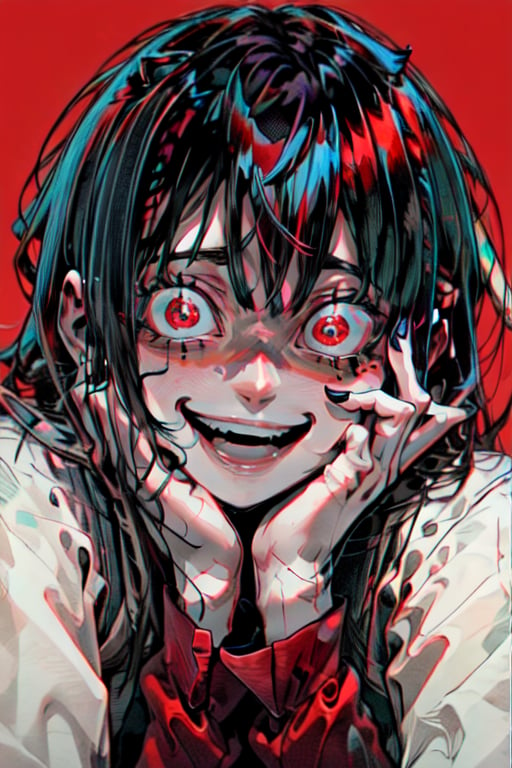 Yandere, 1girl, solo, long hair, looking at viewer, smile, open mouth, bangs, simple background, black hair, red eyes, monochrome, nail polish, grin, fingernails, portrait, red nails, red background, spot color, hands on own face, hands on own cheeks, crazy eyes, horror (theme), eye focus, crazy smile, original_character