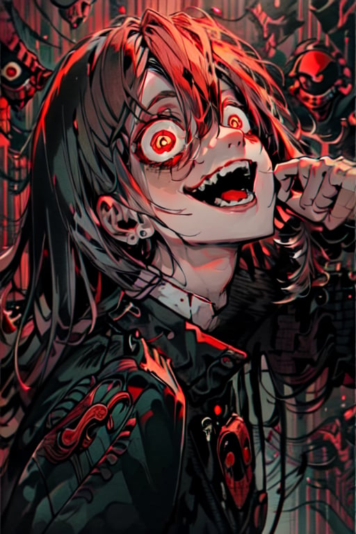 Yandere, 1girl, solo, long hair, looking at viewer, smile, open mouth, bangs, black hair, red eyes, upper body, teeth, sharp teeth, monster, wide-eyed, ringed eyes, red theme, extra eyes, crazy eyes, horror (theme), eye focus, original_character
