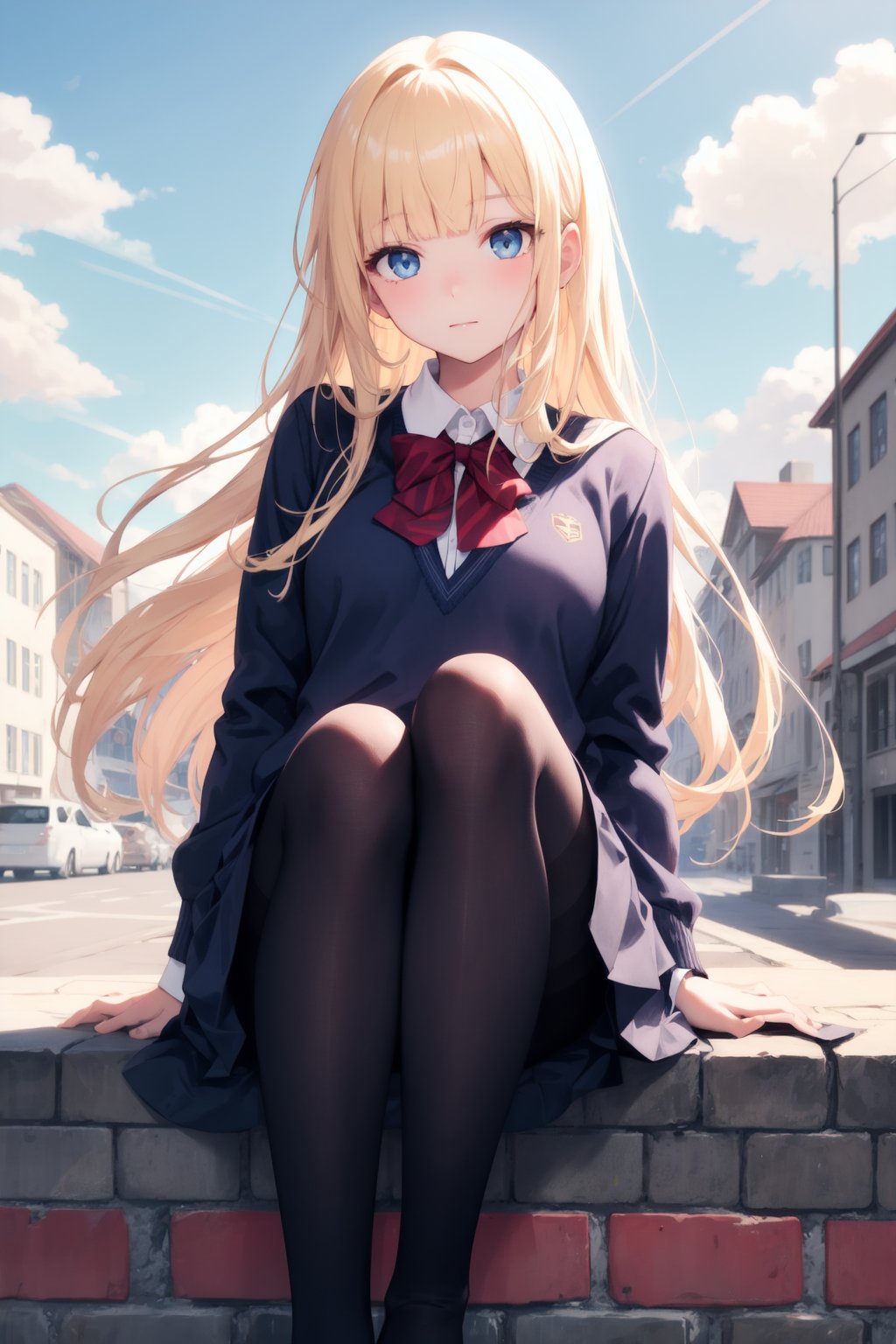 masterpiece, best quality, 1girl, school uniform, blue sky, cobblestone, blonde, blunt bangs, blue eyes, soft smile, pantyhose, looking at viewer