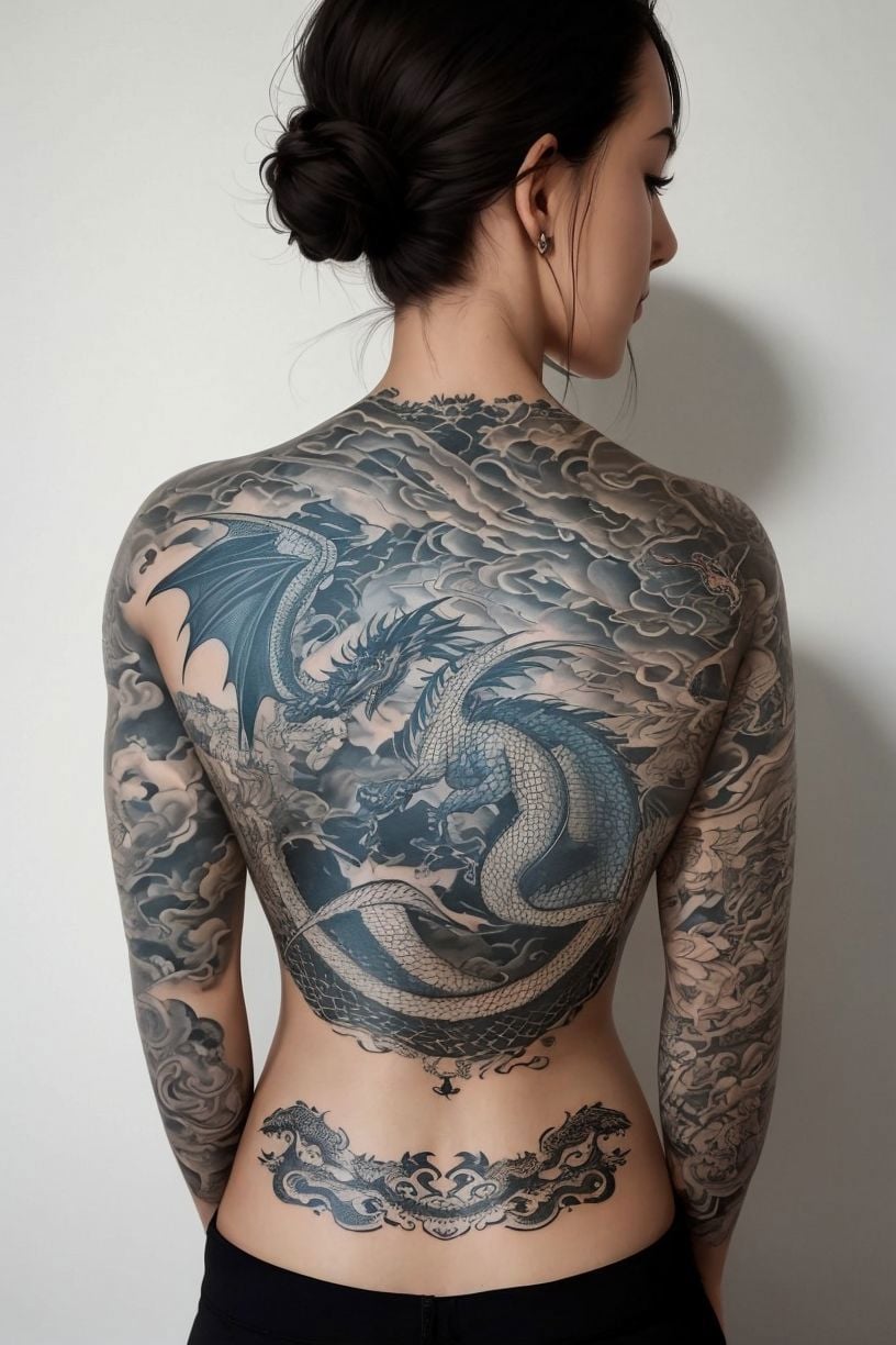 1 girl, tattoo of a dragon , back tattoo,<lora:BackTattoo:0.8>