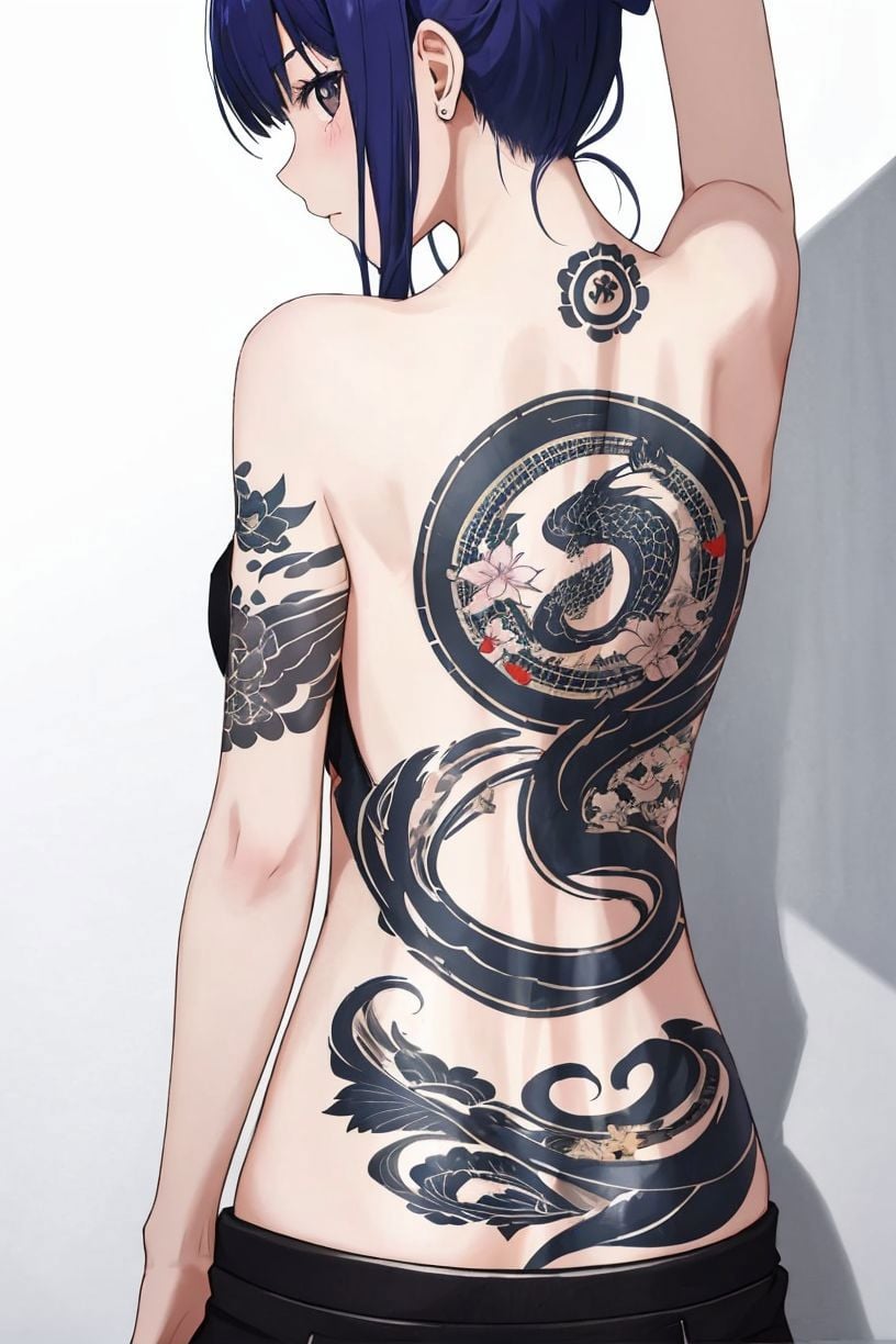 1 girl,tattoo of carp koi in yakuza style,back tattoo,<lora:BackTattoo:0.8>