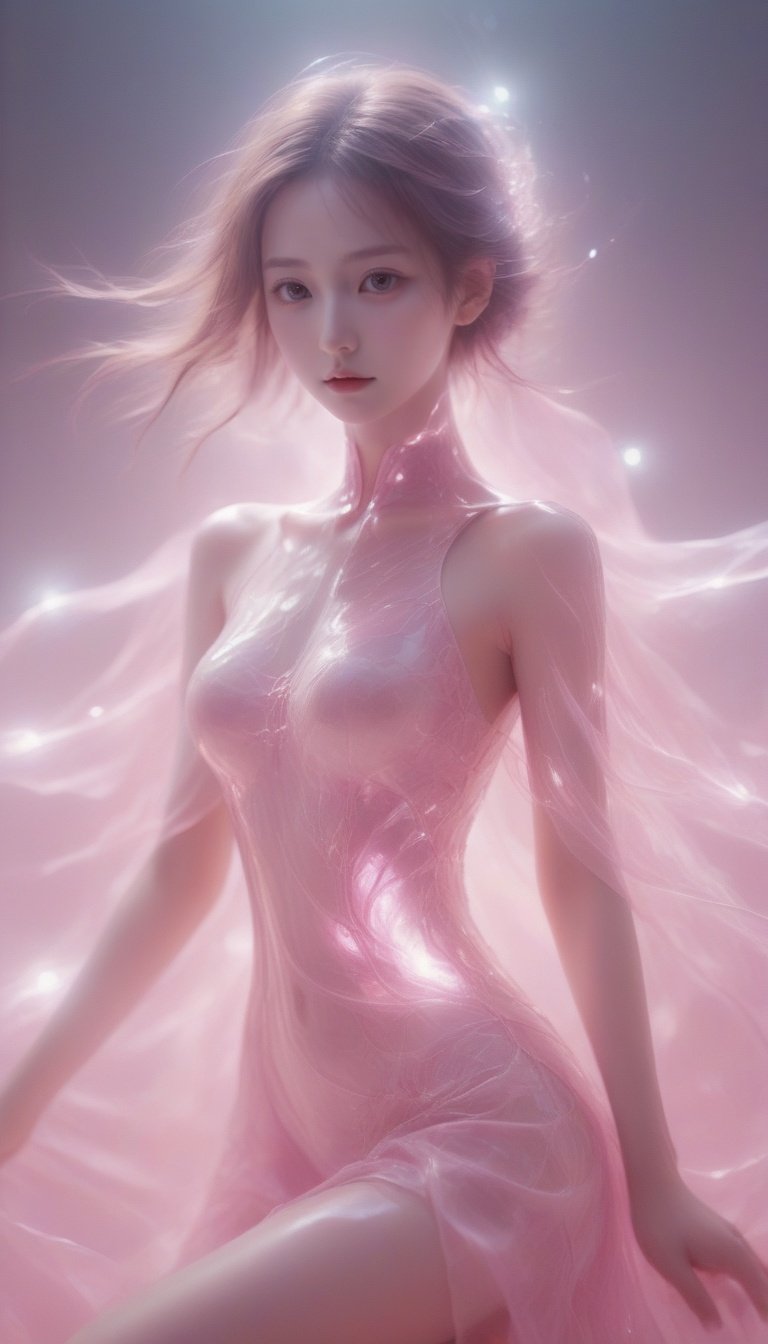 in the endless night,a girl made of light is born,every step she takes is sown with the light of hope,illuminate the corners of the world falling,<lora:xl-shanbailing-光纹Guangwen-000002:0.9>, bailing_light element,translucent luminous body,pink long upper shan,