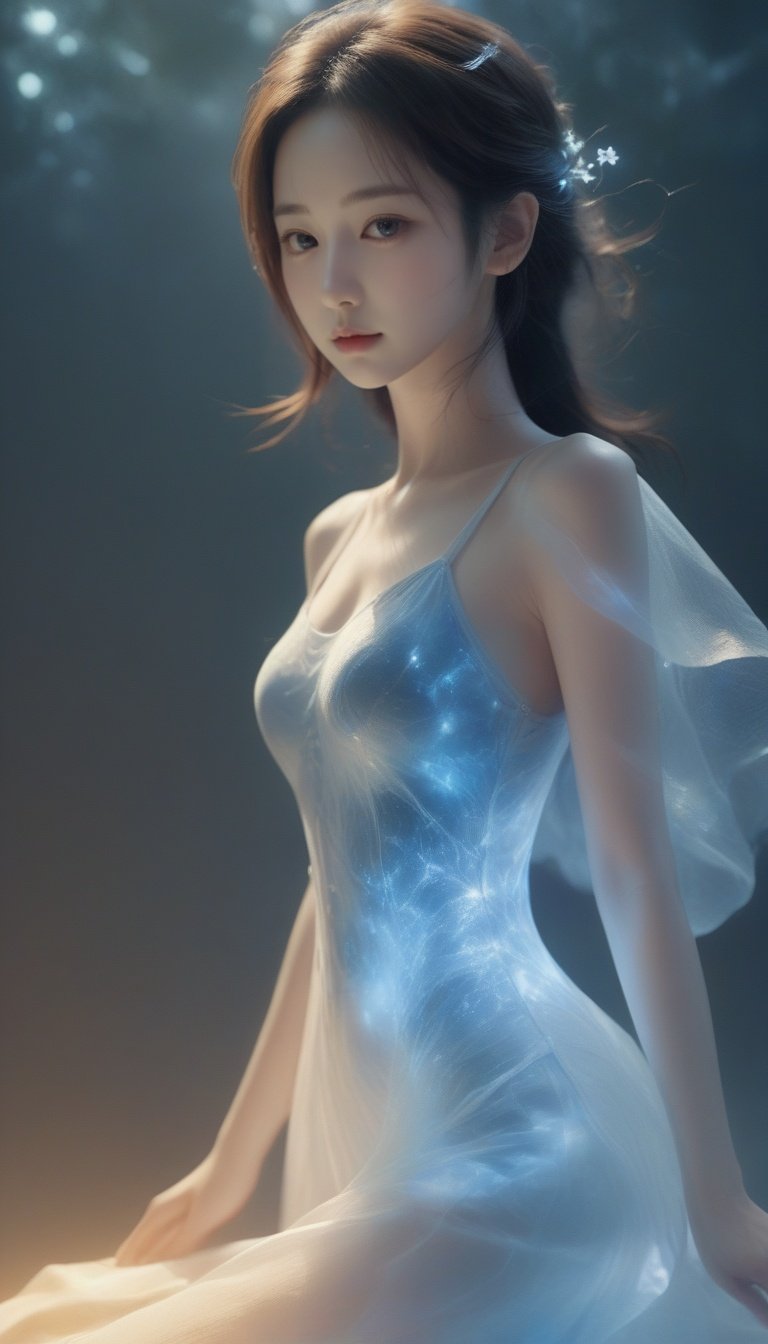 in the endless night,a girl made of light is born,every step she takes is sown with the light of hope,illuminate the corners of the world falling,<lora:xl-shanbailing-光纹Guangwen-000002:0.9>,bailing_light element,translucent luminous body,blue long upper shan,