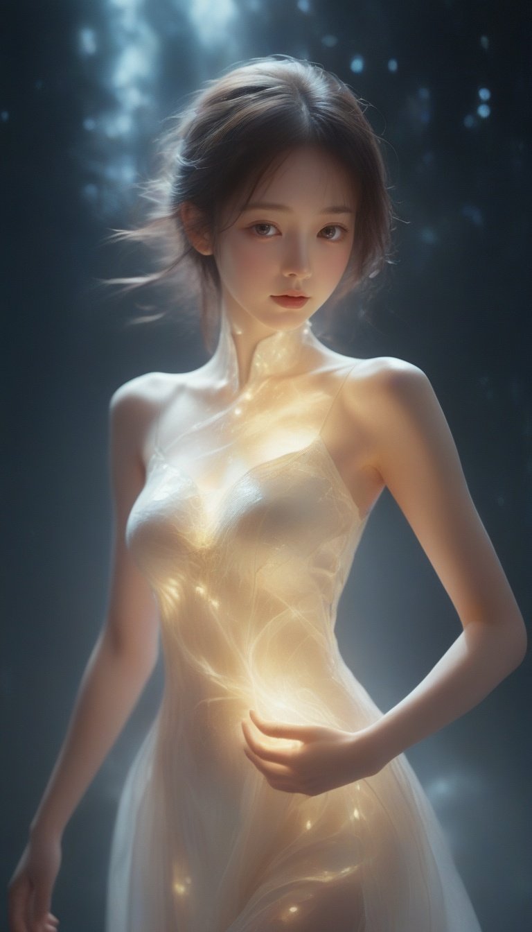 in the endless night,a girl made of light is born,every step she takes is sown with the light of hope,illuminate the corners of the world falling,<lora:xl-shanbailing-光纹Guangwen-000002:0.9>, bailing_light element,translucent luminous body,