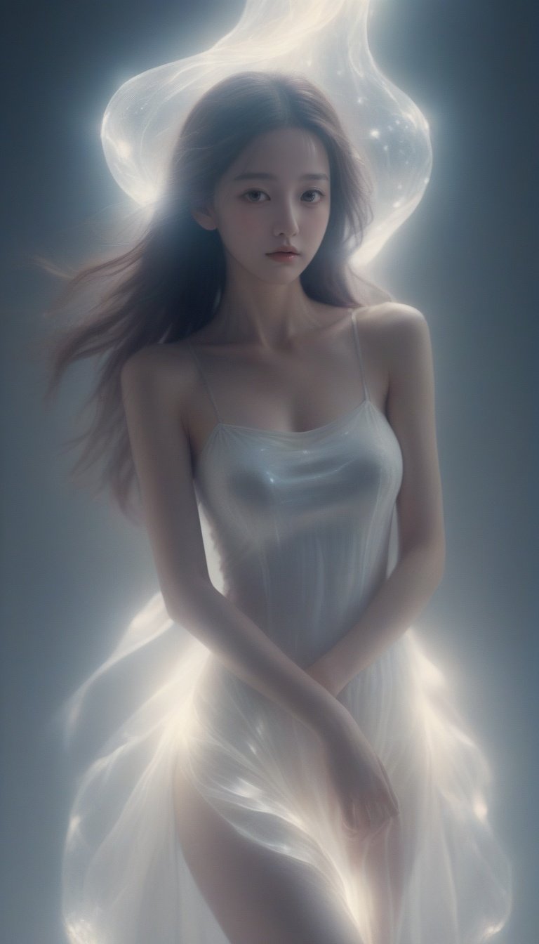 in the endless night,a girl made of light is born,every step she takes is sown with the light of hope,illuminate the corners of the world falling,<lora:xl-shanbailing-光纹Guangwen-000002:0.9>, bailing_light element,translucent luminous body,a girl made of light,