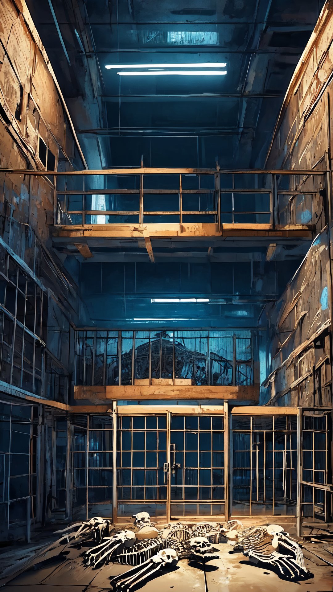 masterpiece, HD, prison, Cyberpunk prison, skeleton, technology prison with piles of bones,photorealistic,Prison,Cyberpunk