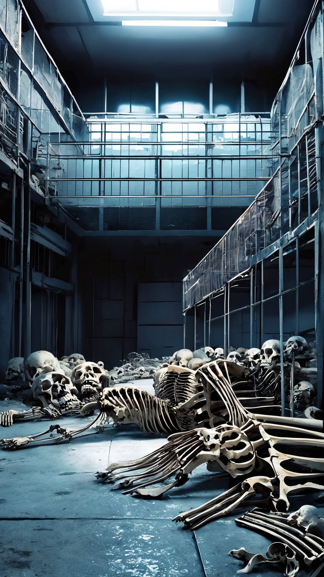 masterpiece, HD, prison, Cyberpunk prison, skeleton, technology prison with piles of bones,photorealistic,Prison,Cyberpunk