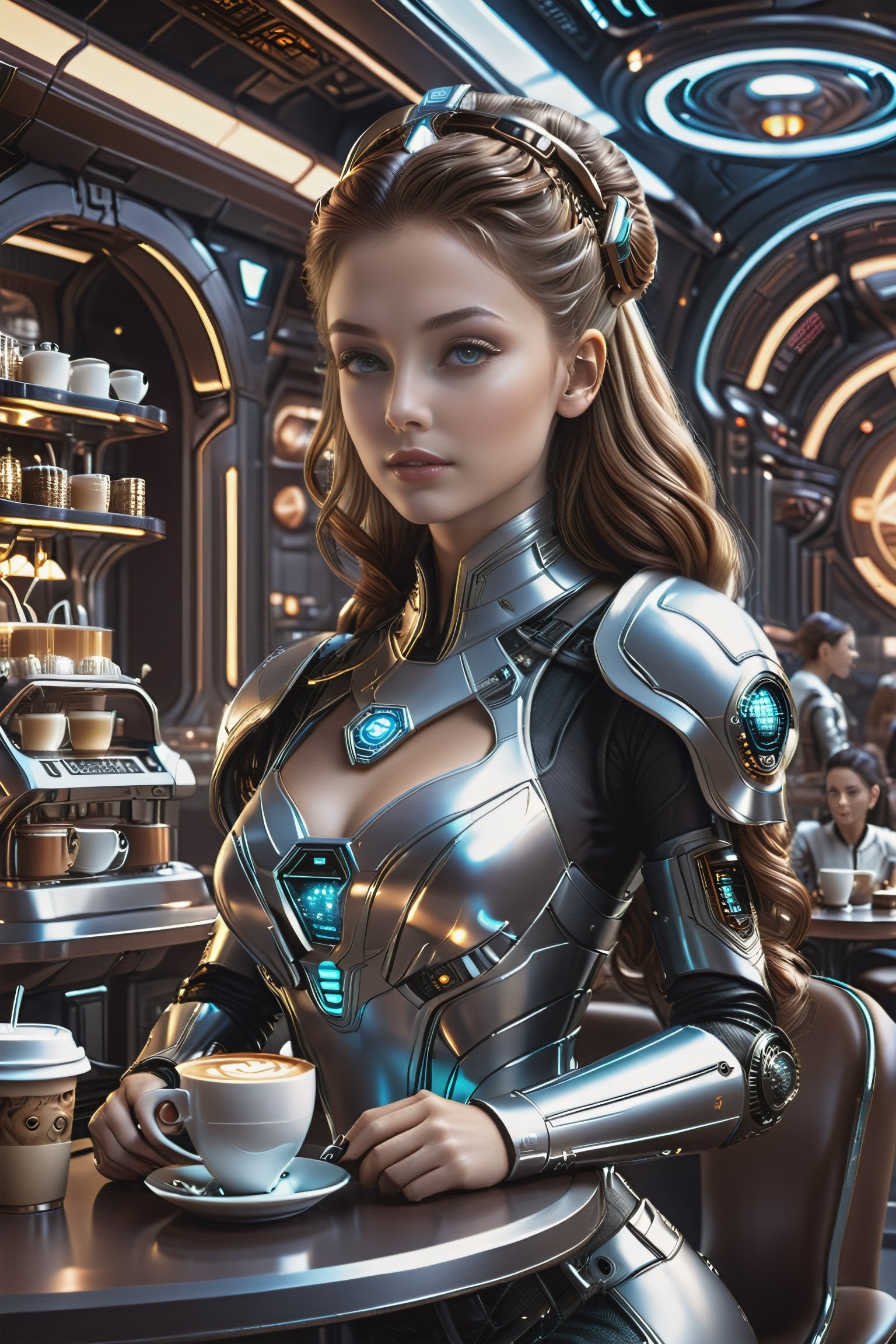 beautiful young girl enjoying leisurely coffee shop in an advanced sci-fi world. intricate detailed,