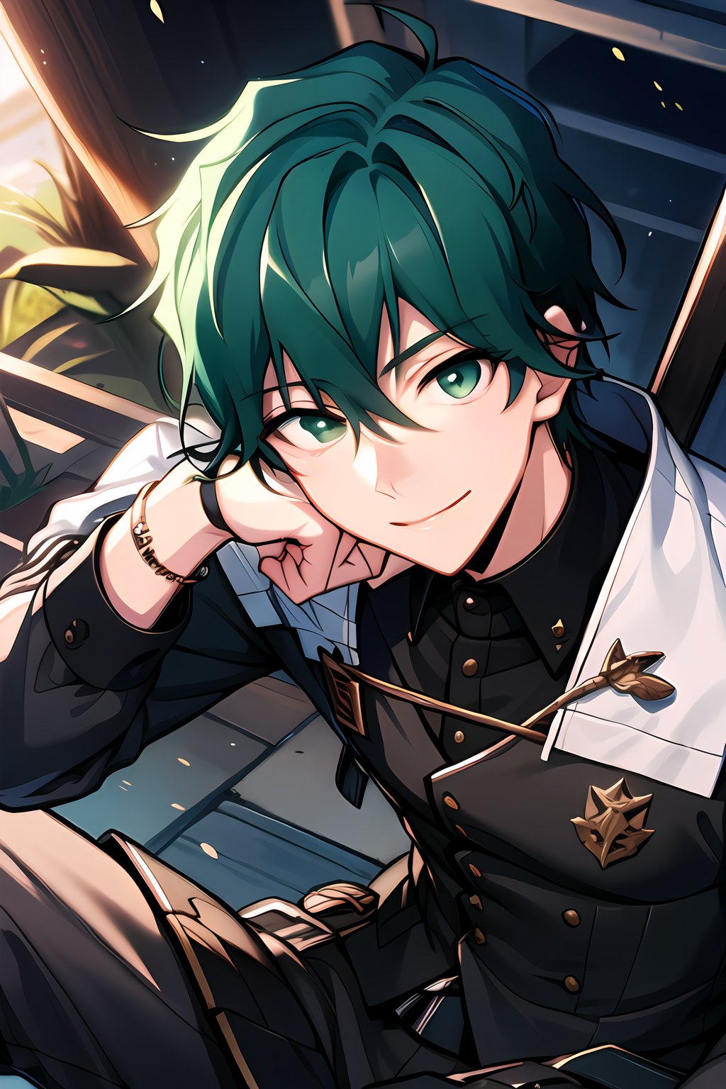 masterpiece, best quality, Looking at viewer, 1boy, solo, male, Sage_Skyfall,Green hair,Green eyes, sitting,smile,