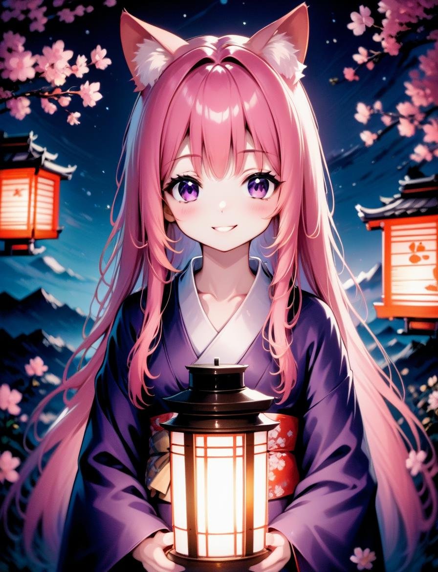 1girl, flower, long hair, kimono, outdoors, night, purple eyes, night sky, lantern, pink hair, long hair, smile, starry sky, animal ears, upper body, tree