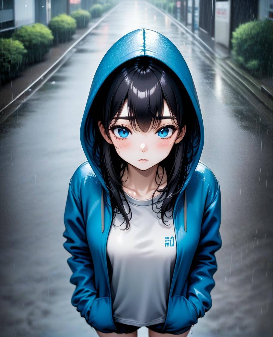 1girl, standing, rain, medium hair, black hair, blue eyes, wet, hoodie, pov, street, 