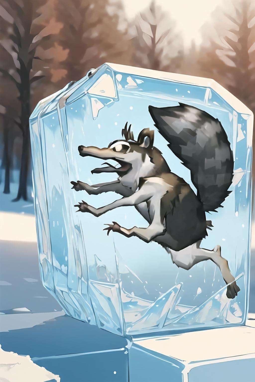 1 squirrel  frozen in a ice block,<lora:frozen_squirrel_v3_64:0.7>,