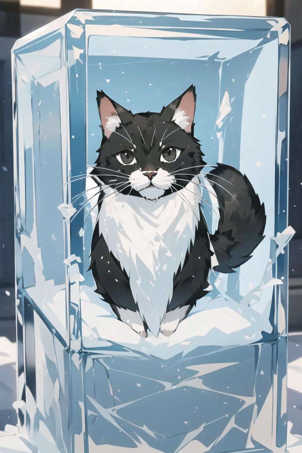 1 cat frozen in a ice block,<lora:frozen_squirrel_v3_64:0.6>,