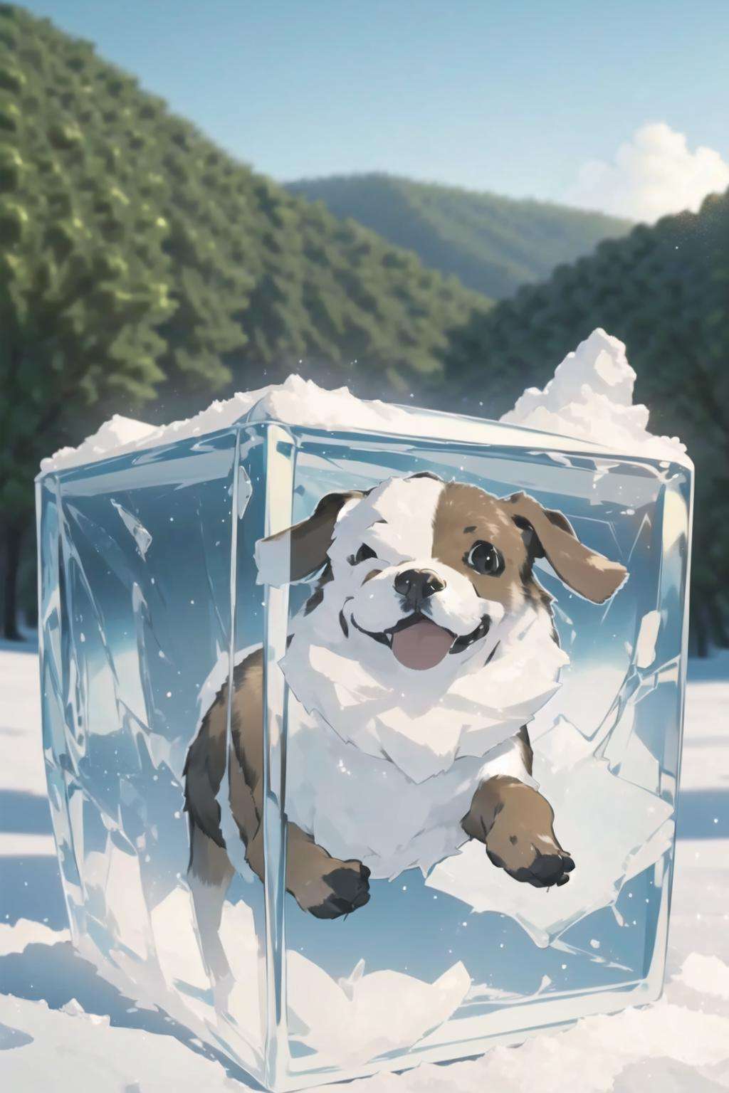 1 dog frozen in a ice block,<lora:frozen_squirrel_v3_64:0.7>,