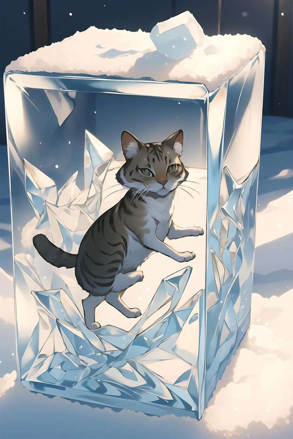 1 cat frozen in a ice block,<lora:frozen_squirrel_v2_128:0.6>,