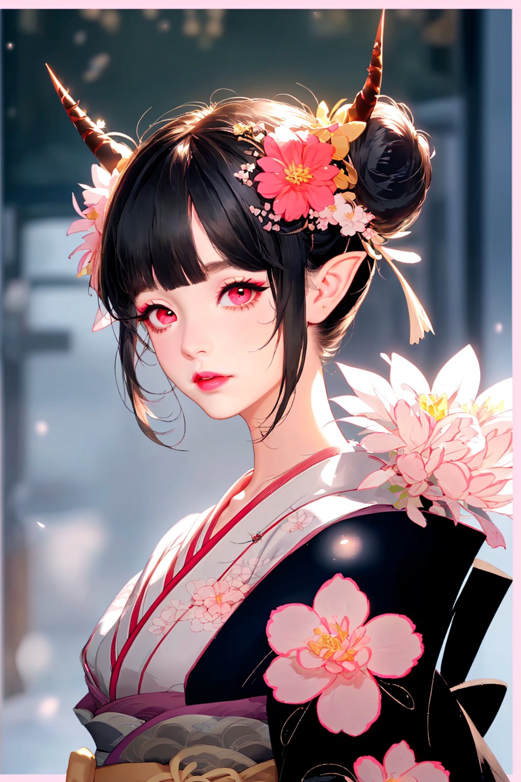 , 1girl, horns, solo, japanese clothes, hair bun, kimono, bangs, looking at viewer, black hair, sidelocks, upper body, double bun, blunt bangs, pointy ears, black kimono, flower, hair ornament, closed mouth, black border, red eyes, makeup, oni horns, hair flower, pink eyes, border