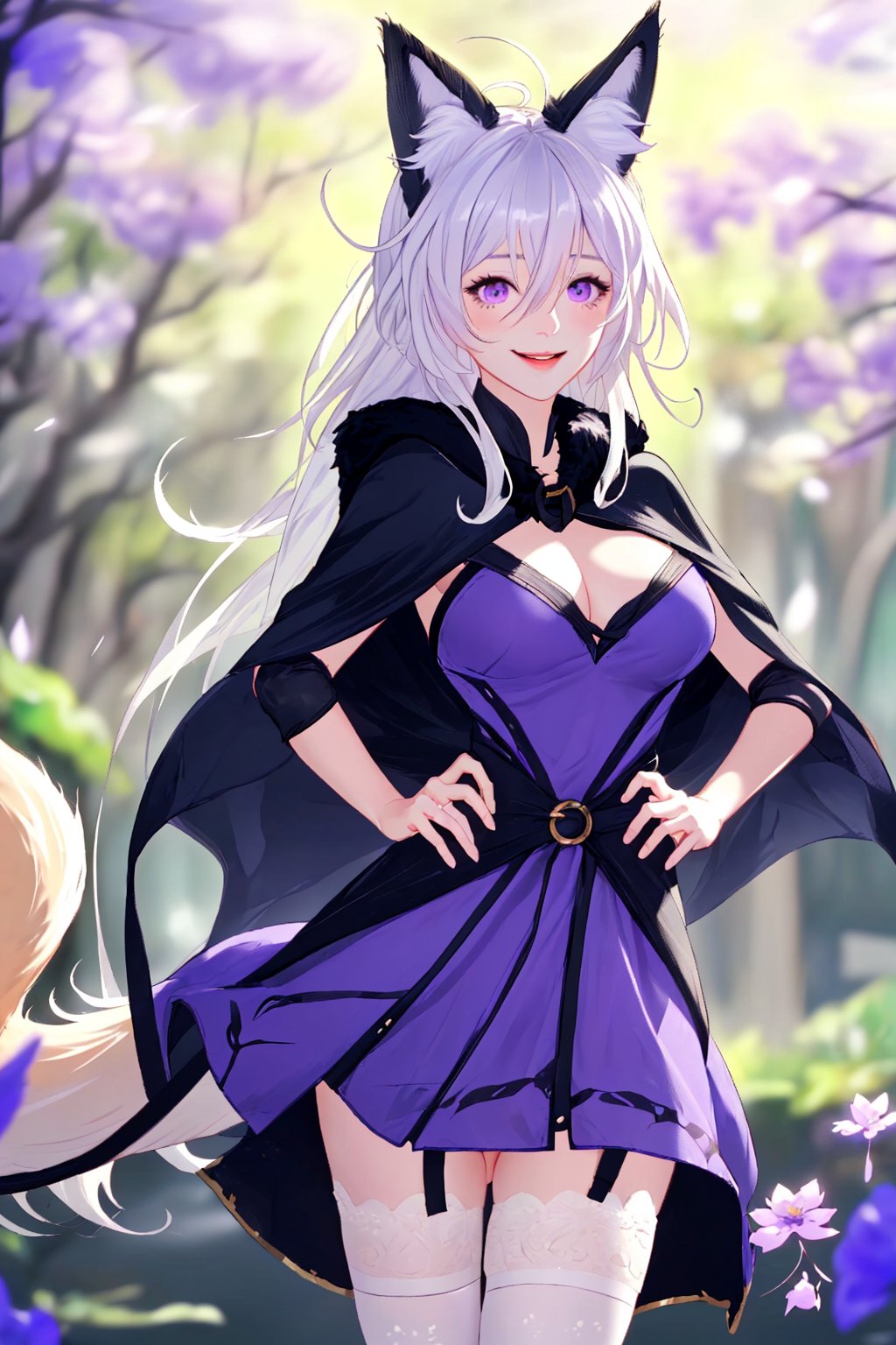 , 1girl, animal ears, long hair, thighhighs, solo, purple eyes, tail, dress, see-through, fur trim, fox ears, breasts, looking at viewer, very long hair, white thighhighs, bangs, cleavage, cloak, animal ear fluff, hair between eyes, flower, smile, hood, cape, outdoors, antenna hair, cowboy shot, holding, purple dress, fox tail, blurry, branch, parted lips, white hair