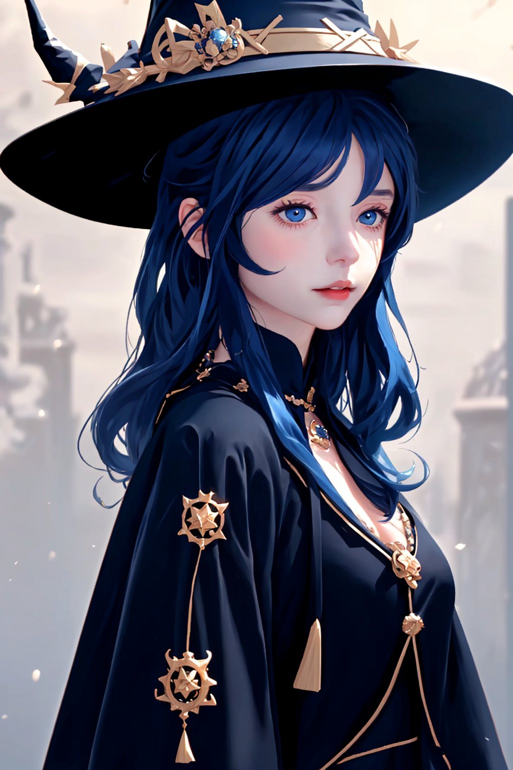 , 1girl, solo, hat, witch hat, looking at viewer, long hair, from side, upper body, black hair, closed mouth, black headwear, witch, blue hair, ranni the witch