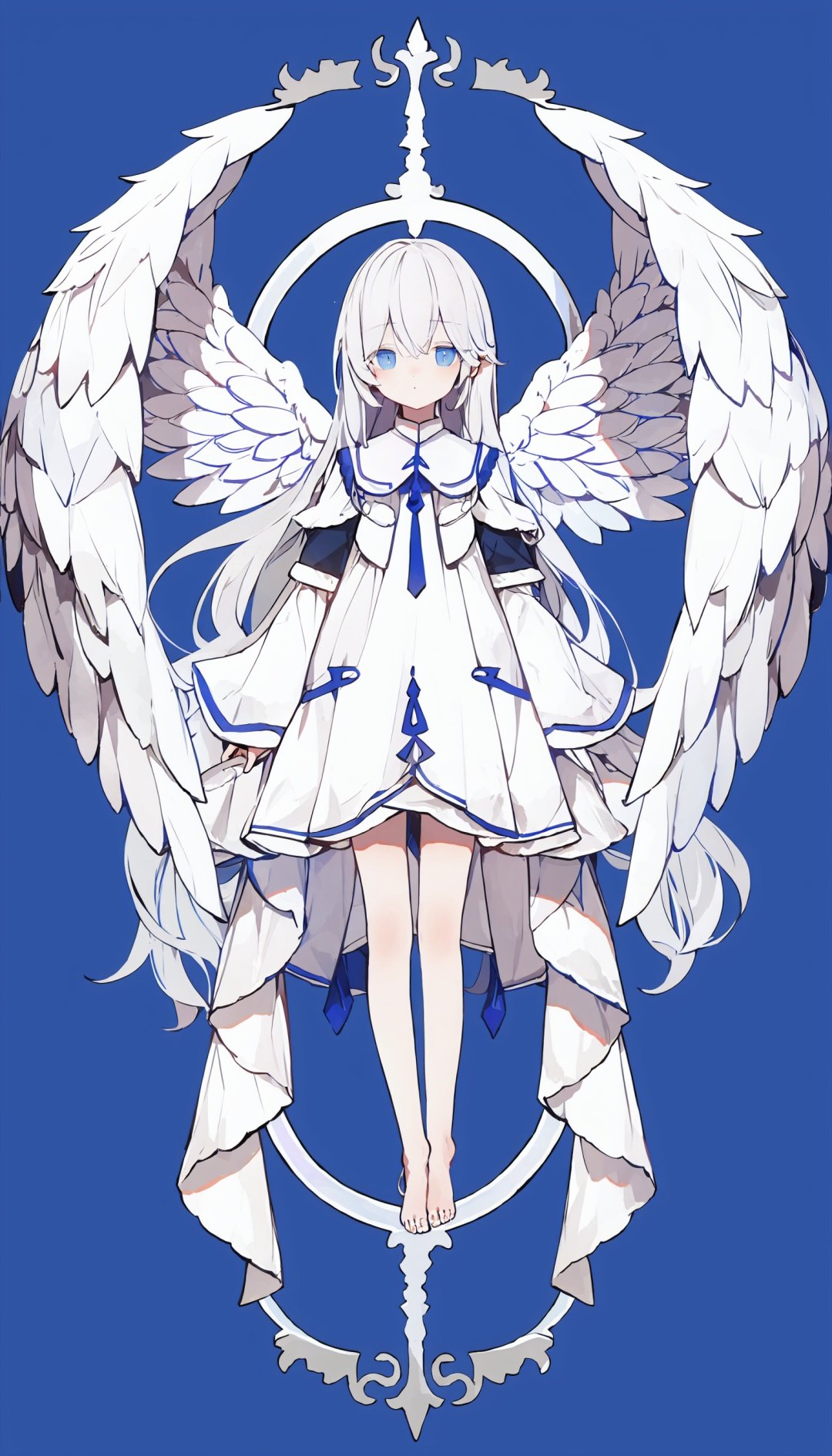 wings, 1girl, solo, long hair, barefoot, blue eyes, angel wings, white background, looking at viewer, feathered wings, dress, white hair, bangs