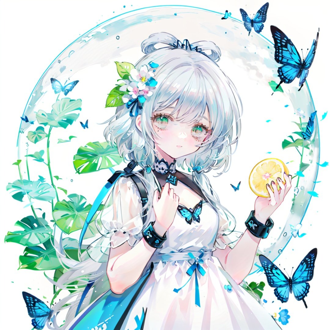 <lora:luotianyitsw:0.7>(masterpiece)), (((best quality))), ((ultra-detailed)), ((illustration)), white background,1girl,(luotianyitsw),blue theme,light silver hair,[[delicate fingers and hands:0.55]::0.85],(detail fingers),blinking,pink dress,butterfly,closed mouth,lemon,plant,cloud, Glass sphere,girl inside glass sphere   <lora:evle-000008:0.3> 