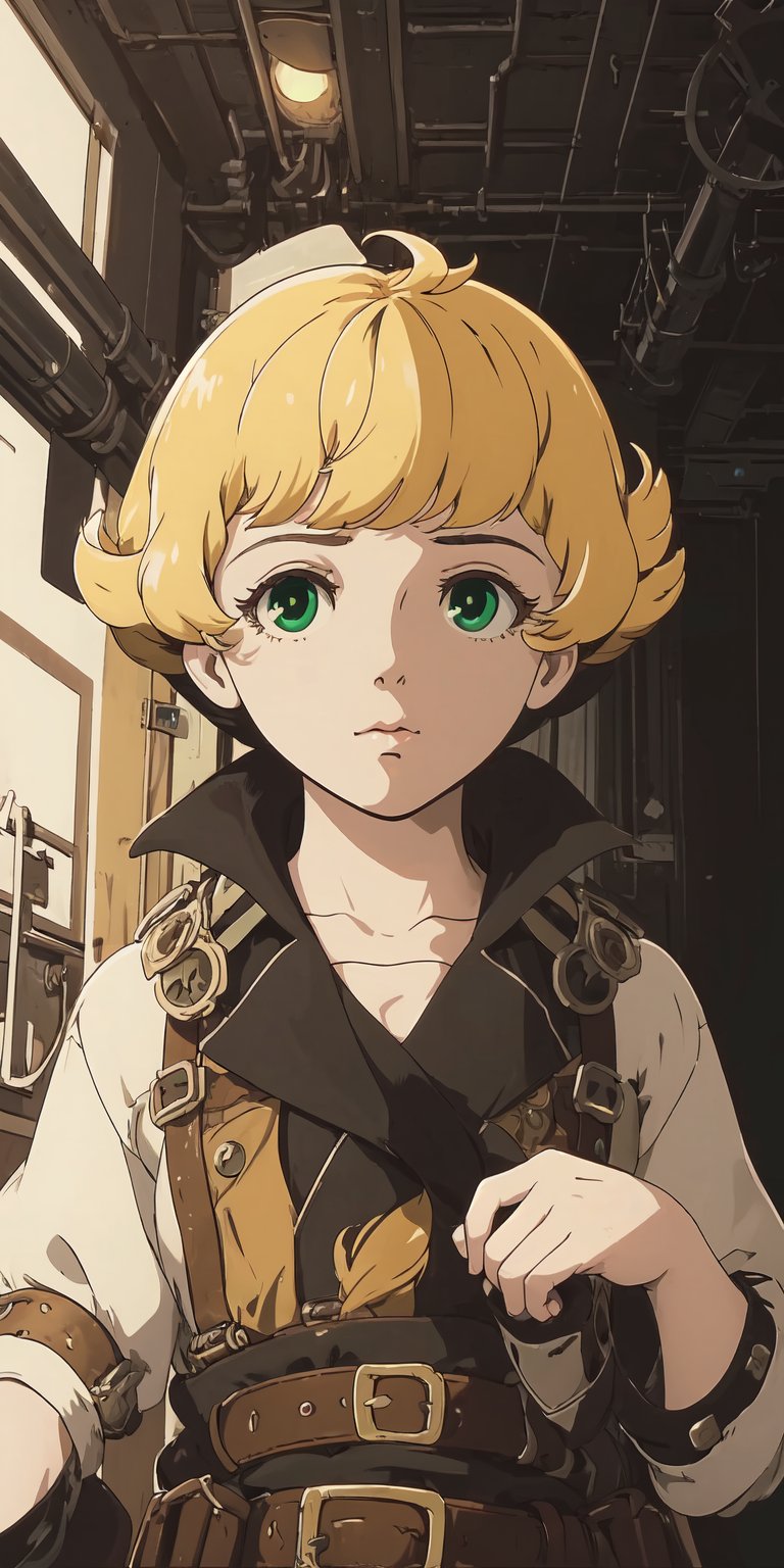 Tima, blonde hair, green eyes, short hair, Steampunk, high quality, melancholic, ultra detailed,(Masterpiece)