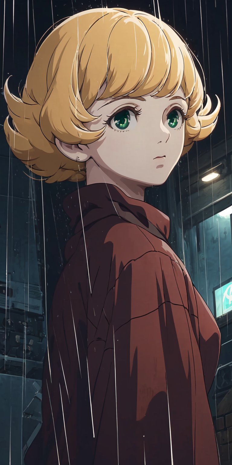 1girl, girl focus,Tima, blonde hair, green eyes, short hair, (night),(rain), cinematic, melancholic scenery,high quality, (masterpiece), ultra detailed, high_resolution,  