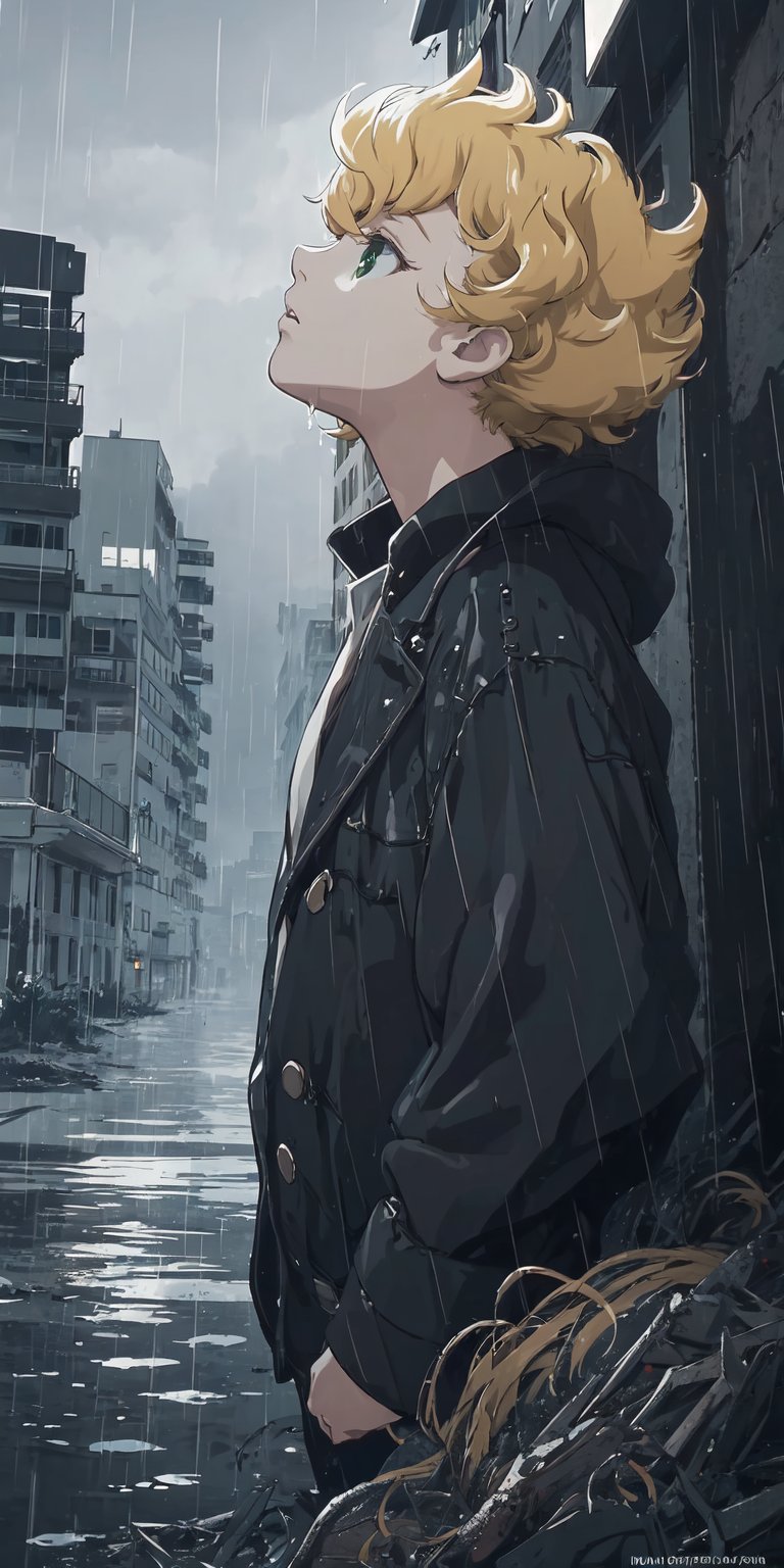 1girl, girl focus,Tima, blonde hair, green eyes, short hair, (night),(rain), looking up yo the sky, cinematic, melancholic, bleak,high quality, (masterpiece), destroyed city, ultra detailed, high_resolution,  