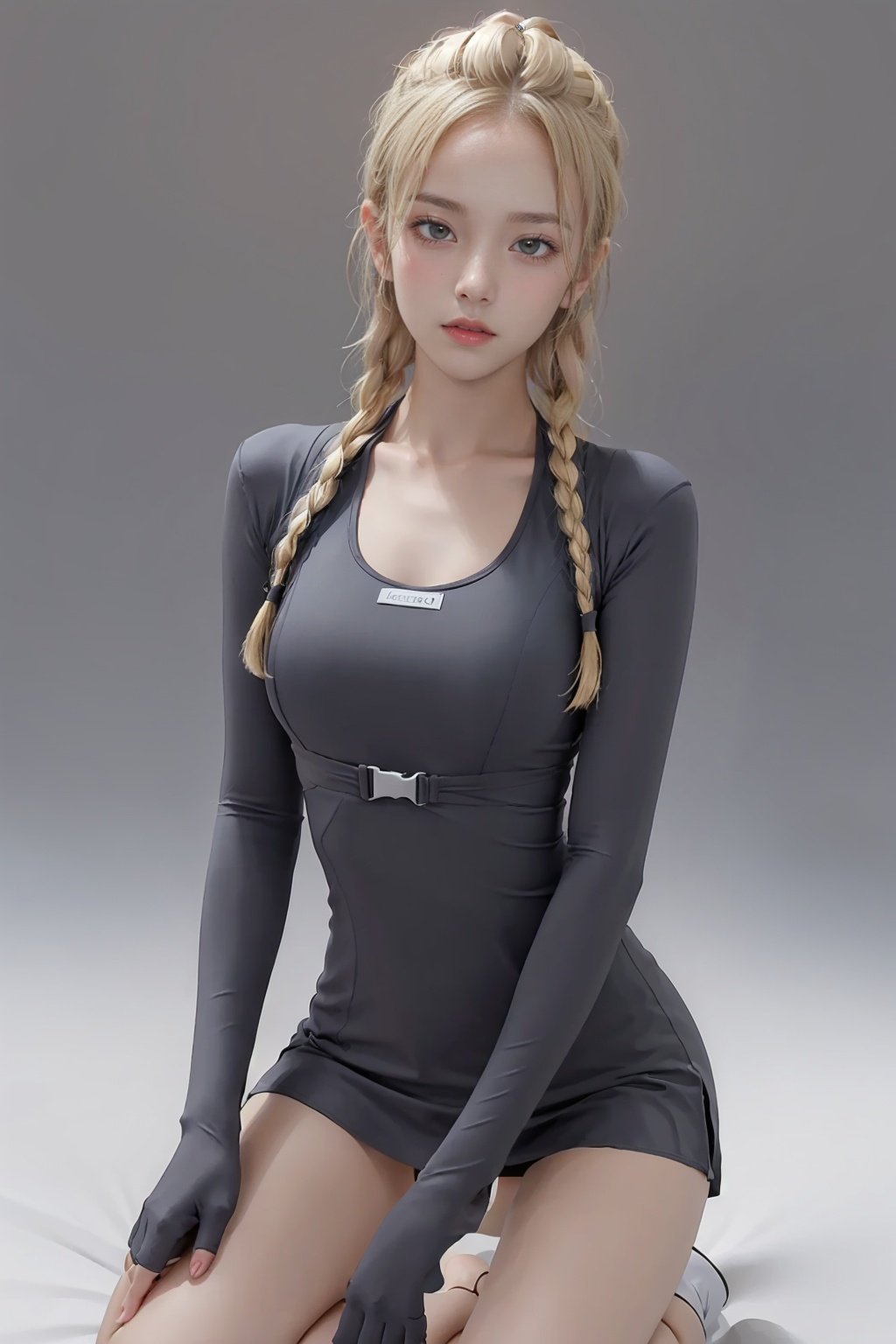 1girl, long sleeves, solo, swimsuit, blonde hair, twin braids, kneeling, 