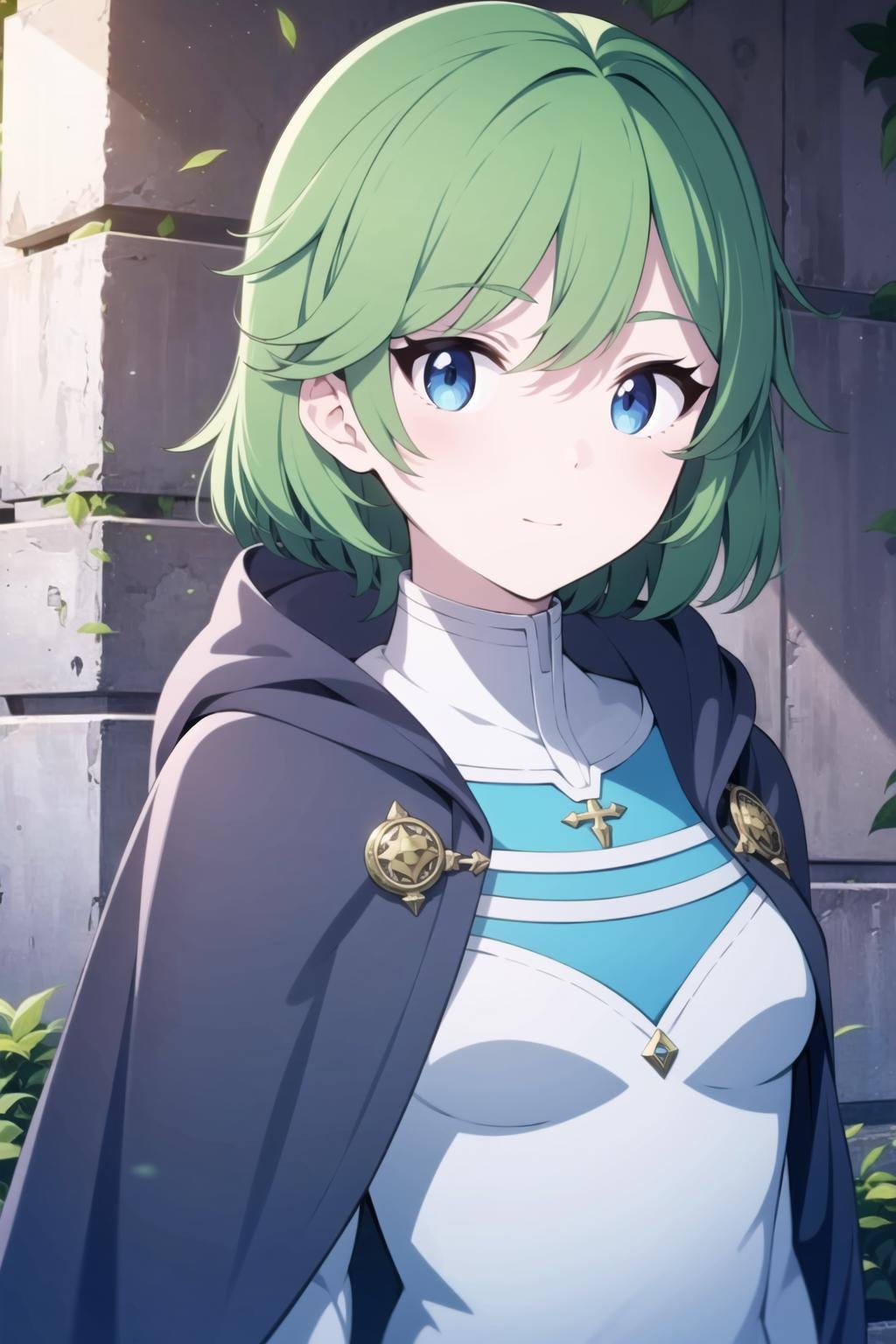 solo, 1girl, upper body, <lora:FE Nino:1>, nino, blue eyes, green hair, cape