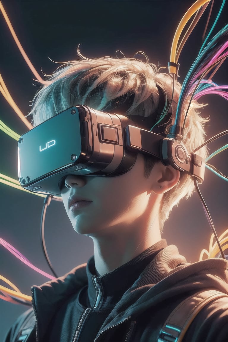 1boy, with a Cyberpunk VR on face, intrincate details, wires of all colors, fluorescent colora wires,vibrant colors, neon lights, futuristic, intrincate