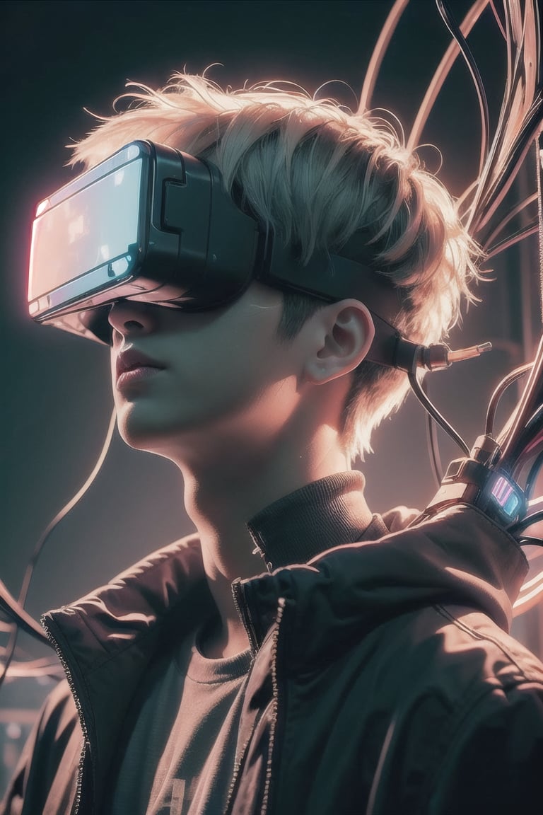 1boy, with a Cyberpunk VR on face, intrincate details, wires of all colors, fluorescent colora wires,vibrant colors, neon lights, futuristic, intrincate