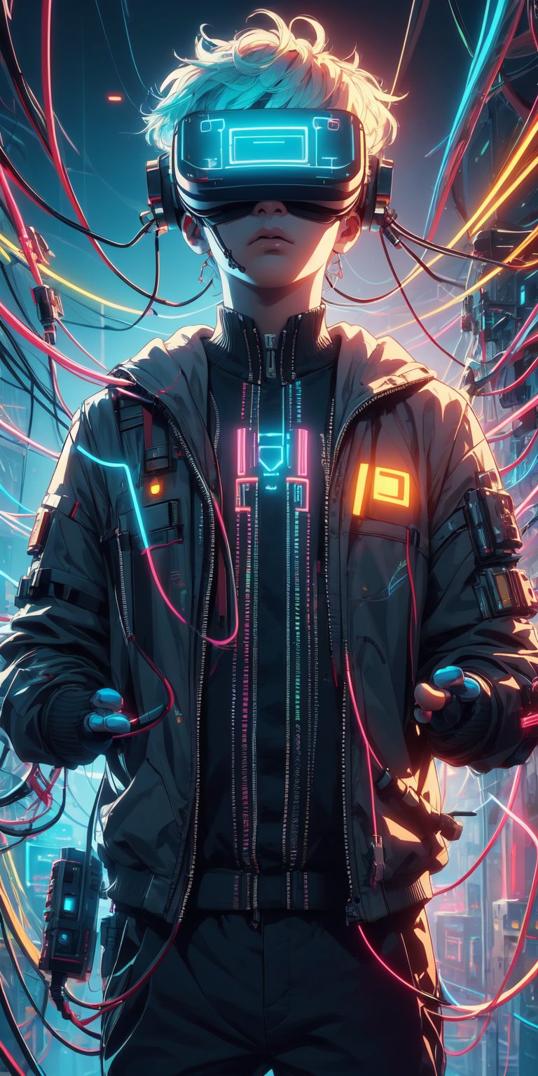 1boy, with a Cyberpunk VR on face, intrincate details, wires of all colors, fluorescent colora wires,vibrant colors, neon lights, futuristic, intrincate