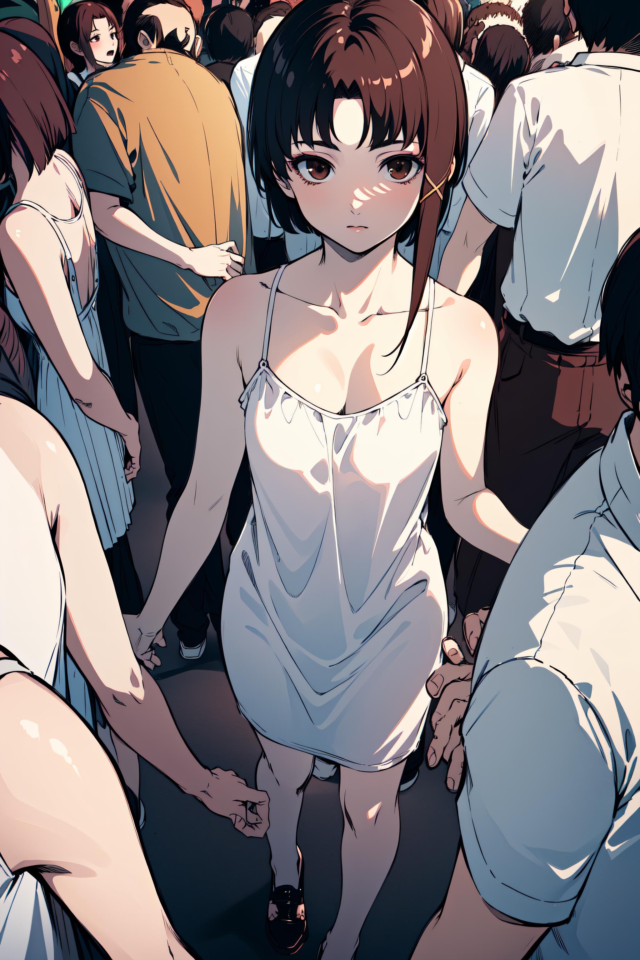 (masterpiece), (best quality), highres, ultra detailed, perfect body, 1girl,  brown eyes, goddess, divinity, ego, iwakura lain,  (in the middle of a crowd:2.0)<lora:lain-v1r1:1>